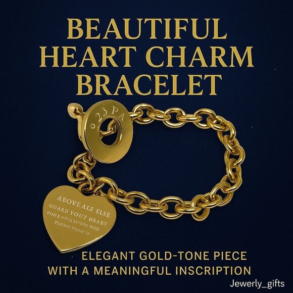 18K Gold Plated Stainless Steel Chain Bracelet With Heart Charm "Above All Else" - Picture 7 of 7